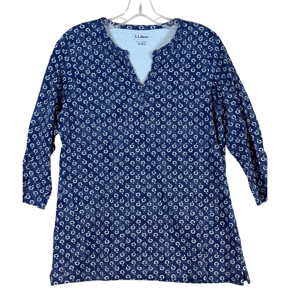 LL Bean Womens Navy Geometric Apple Print Split Neck 3/4 Sleeve Tunic Top Size M